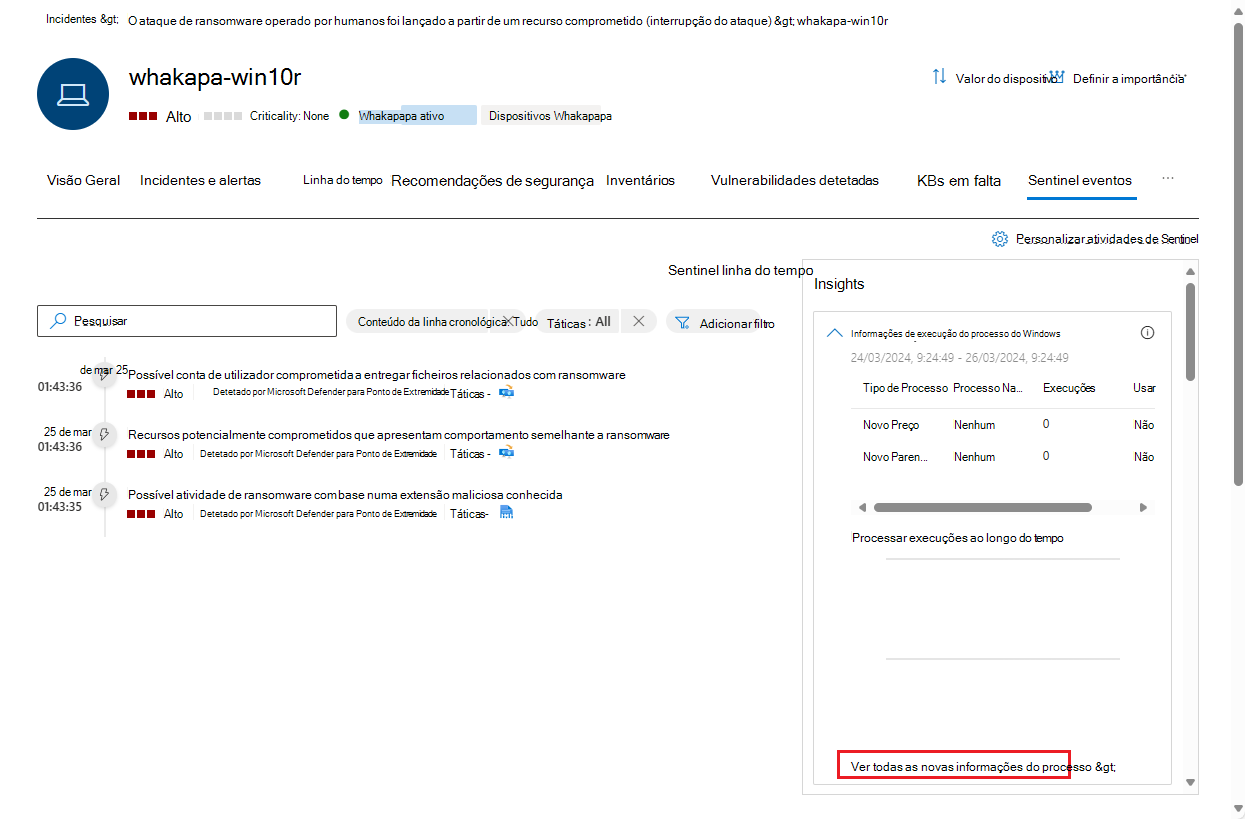 Captura de ecrã do separador Sentinel eventos na página da entidade do utilizador.