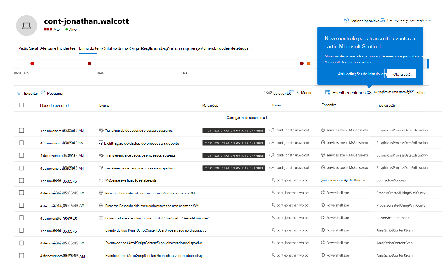 Captura de ecrã do linha do tempo de dispositivos unificados.