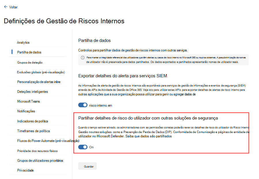 Realçar a definição no portal do Microsoft Purview necessária para que os alertas de risco interno sejam apresentados no Defender XDR.