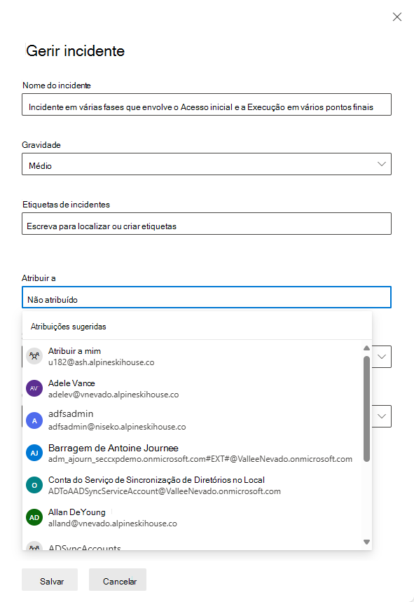 Captura de ecrã a mostrar como atribuir um proprietário no painel Gerir incidentes no portal do Microsoft Defender.