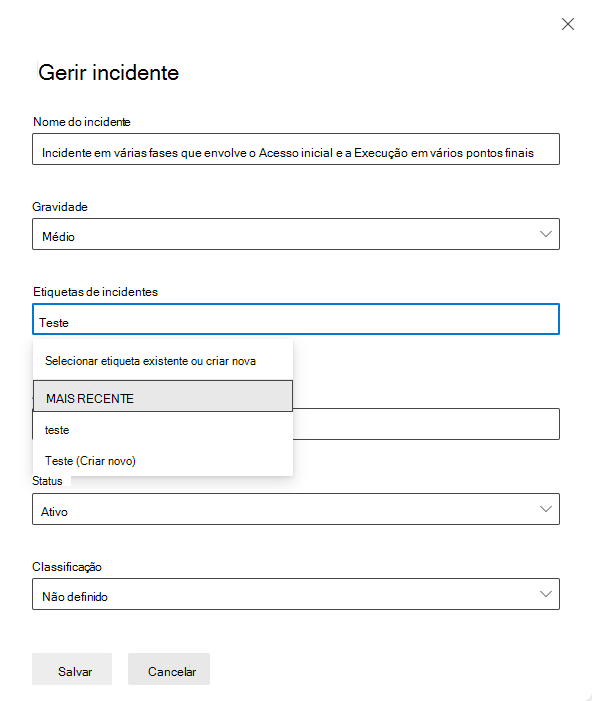 Captura de ecrã a mostrar como criar uma etiqueta de incidente no painel Gerir incidentes.