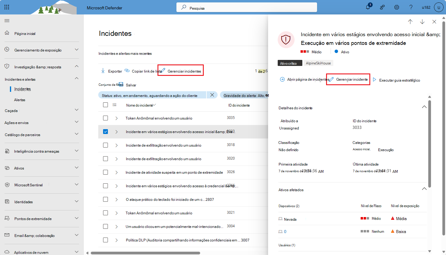 Captura de ecrã a mostrar como gerir incidentes a partir da fila de incidentes no portal do Microsoft Defender.