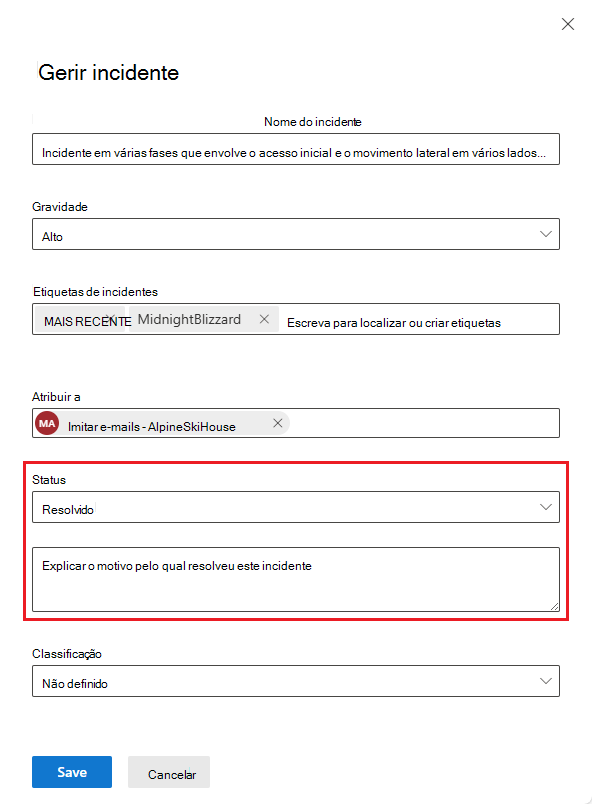 Captura de ecrã do painel de gestão de incidentes com nota de resolução de incidentes.