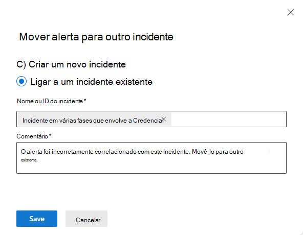 Captura de ecrã a mostrar a adição de um comentário a explicar por que motivo mover um alerta.