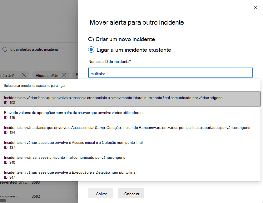 Captura de ecrã a mostrar a seleção de um incidente existente para o qual mover um alerta.