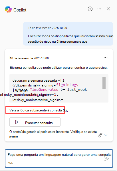 Captura de ecrã do botão Copilot a mostrar Ver a lógica por trás da consulta.