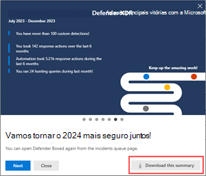 Captura de ecrã do diapositivo defender boxed com a opção de resumo de transferência realçada.