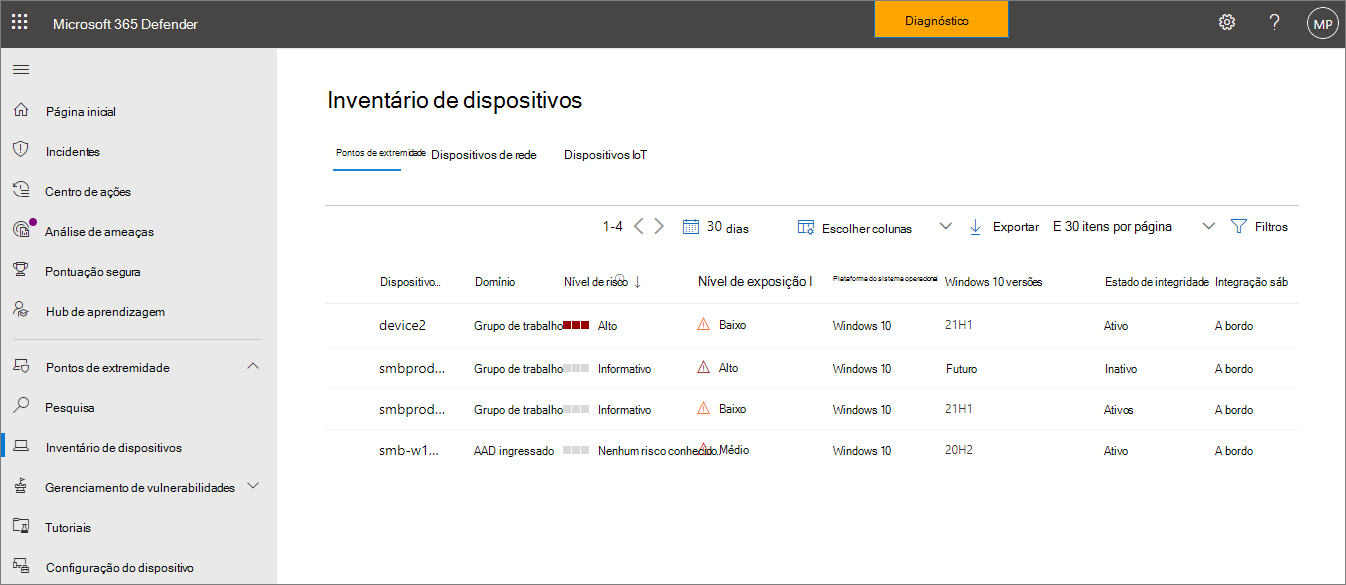 Captura de tela do inventário de dispositivos