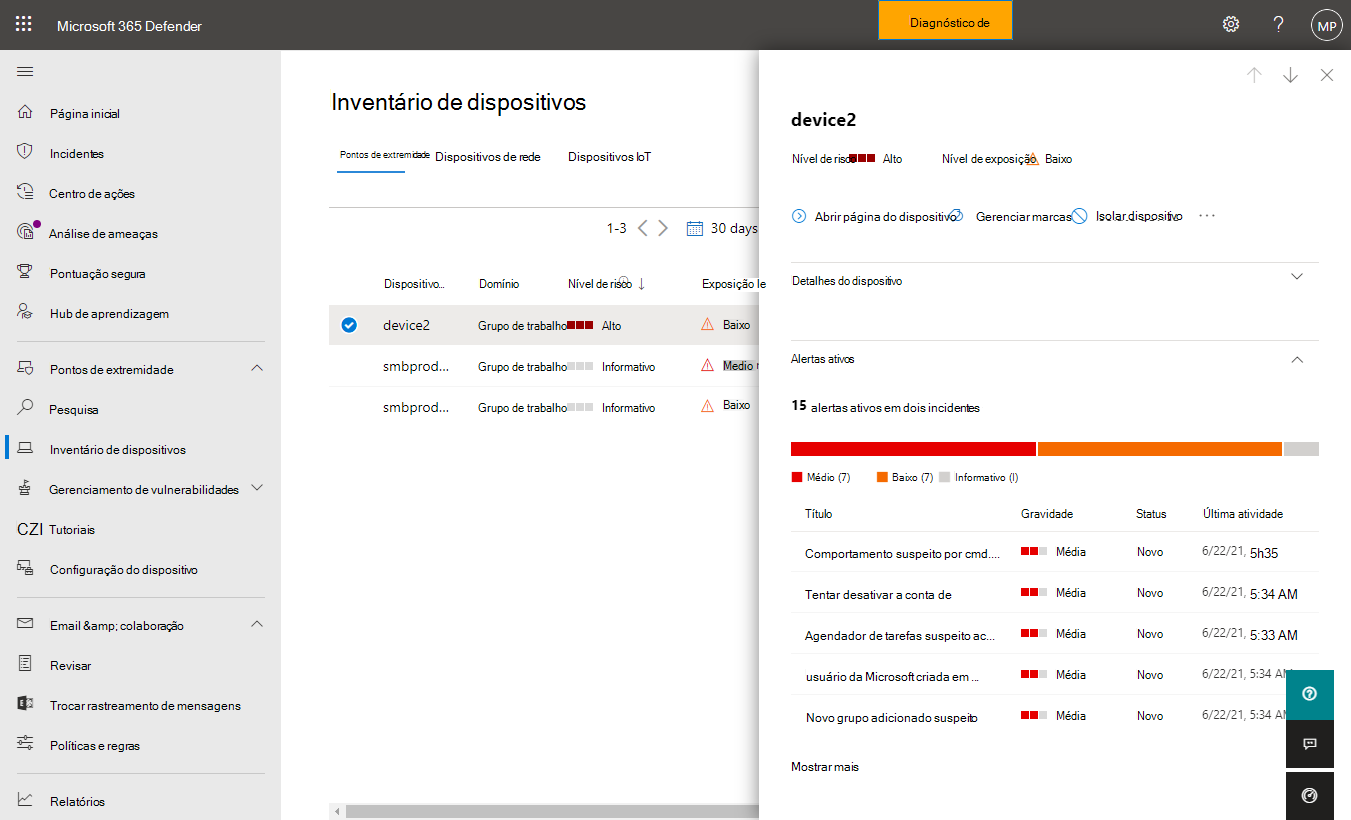 Captura de tela do painel de submenu para um dispositivo selecionado