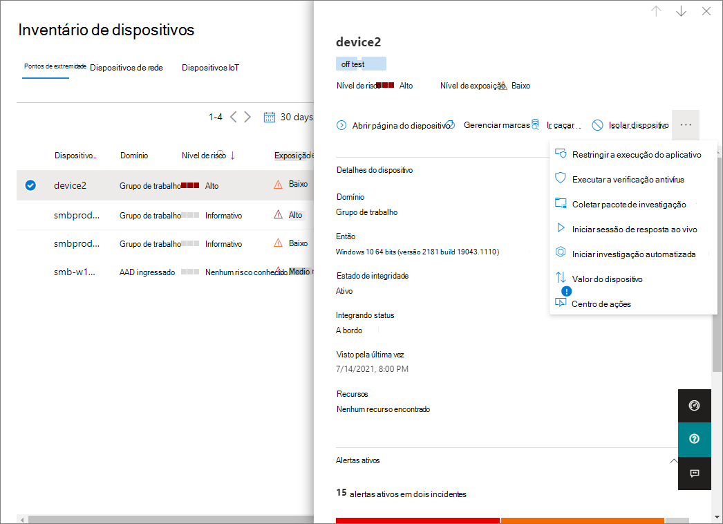 Captura de ecrã de um dispositivo selecionado com detalhes e ações disponíveis.