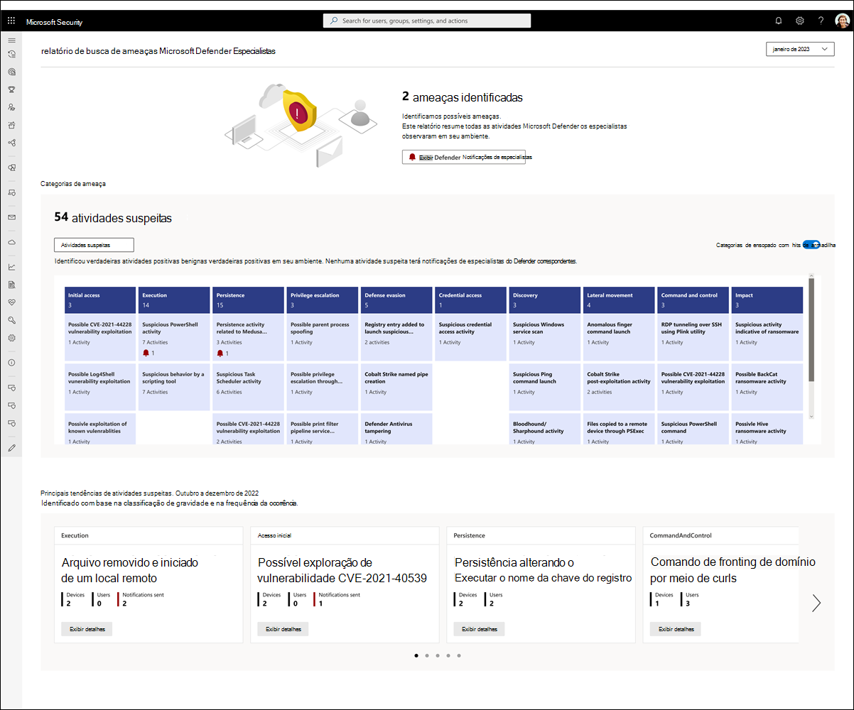 Captura de tela de um relatório Especialistas do Defender para Busca.