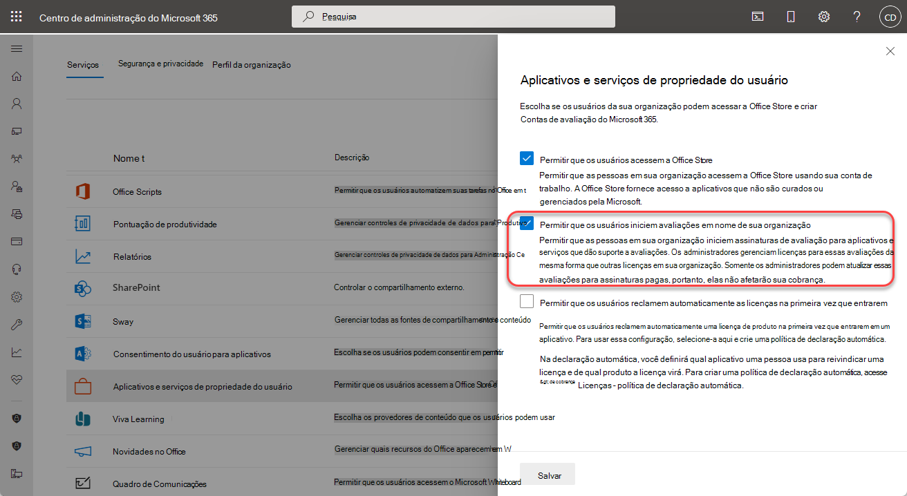 Captura de ecrã a mostrar Gerenciamento de Vulnerabilidades do Microsoft Defender definição de avaliação do utilizador.