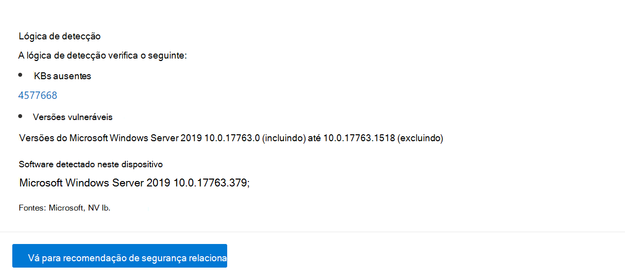 Exemplo de Lógica de Deteção que lista o software detetado no dispositivo e nos KBs.