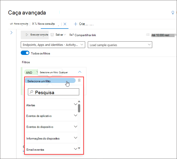 Captura de ecrã a mostrar diferentes filtros que pode utilizar