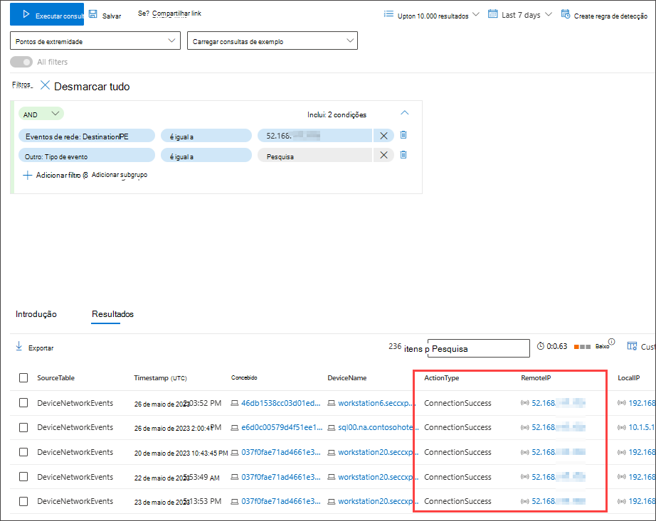 Captura de ecrã a mostrar a pesquisa do construtor de consultas do modo guiado para ligações bem-sucedidas à vista de resultados de IP específica