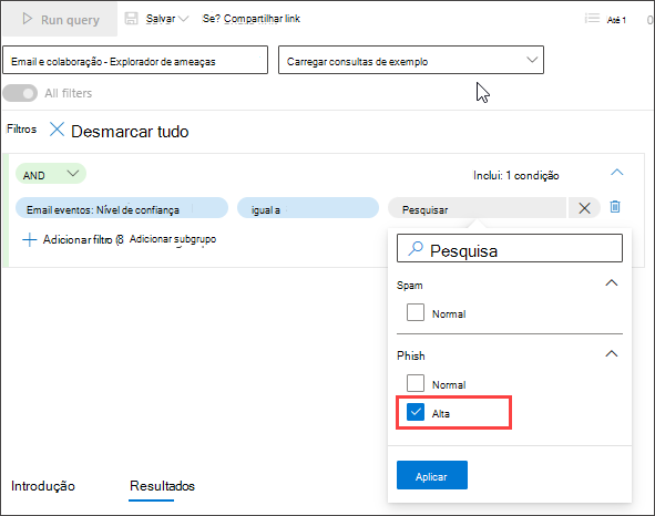 Captura de ecrã do construtor de consultas do modo guiado a investigar e-mails de alta confiança ou spam entregues na caixa de entrada, primeira condição