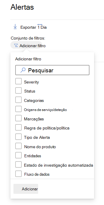 Todos os filtros disponíveis na fila Alertas no portal do Microsoft Defender