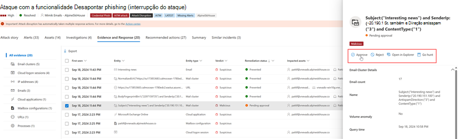A opção Aprovar\Rejeitar no painel gestão de Provas e Respostas para um incidente no portal do Microsoft Defender.