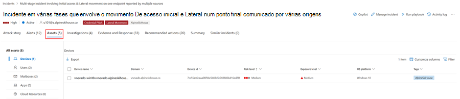 A página Recursos de um incidente no portal do Microsoft Defender