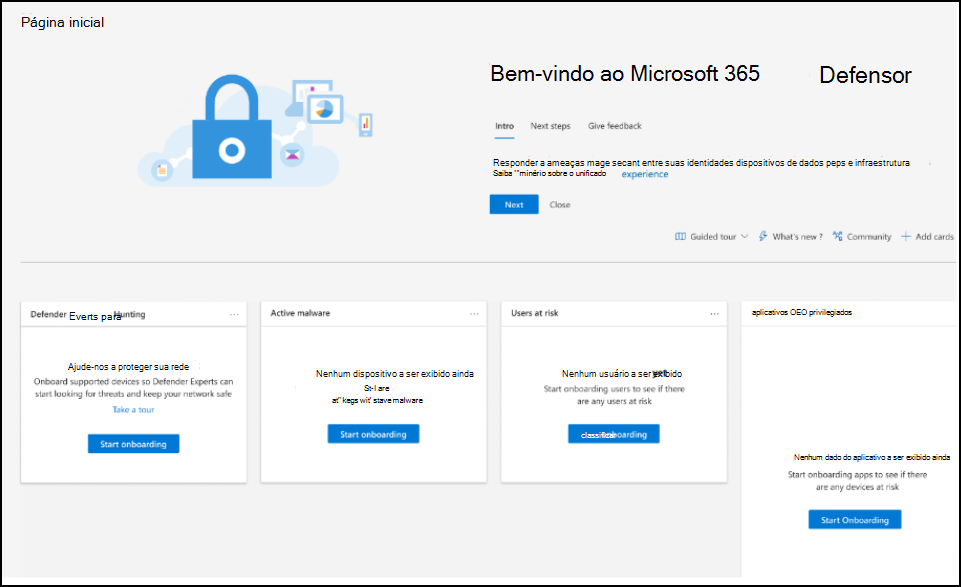 Captura de ecrã da página de boas-vindas Microsoft Defender XDR com um card para o serviço de Especialistas do Defender para Busca.