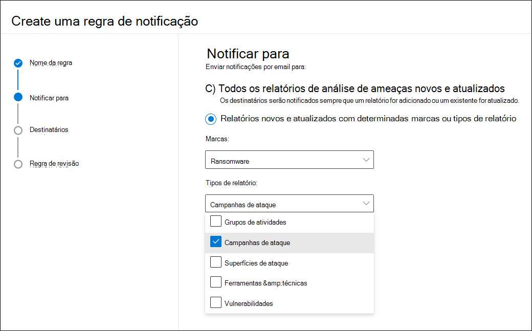 Captura de tela da tela de notificação, com marcas de Ransomware selecionadas e um menu suspenso para tipos abertos