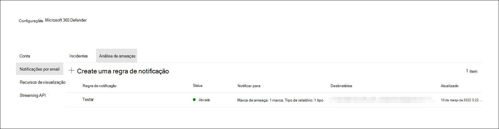 Captura de tela da lista de regras de notificação por email na tela Configurações