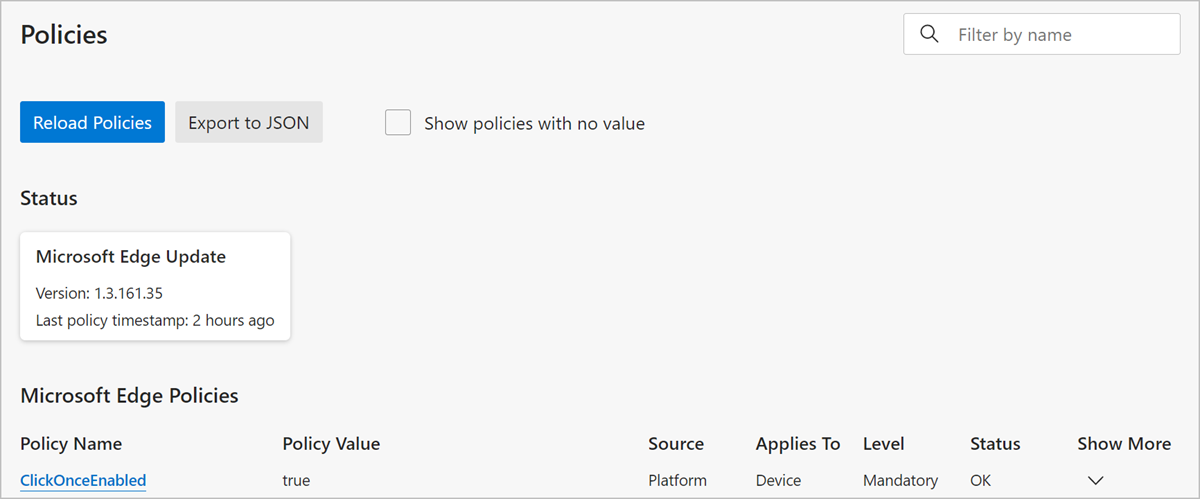 Página Políticas do utilizador com sessão iniciada