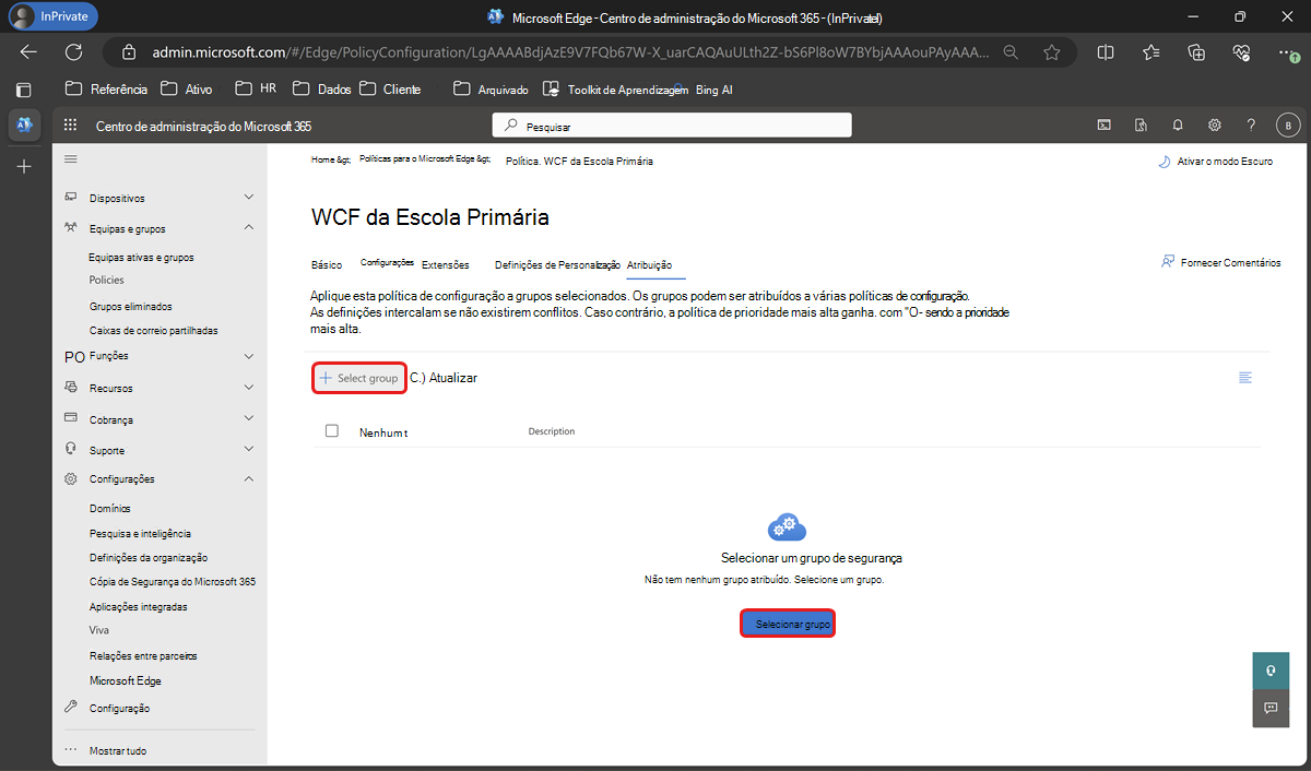 Selecione Atribuição na página de política para selecionar um grupo.