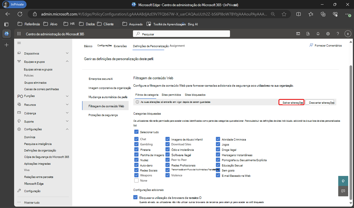 Escolha categorias bloqueadas para filtragem de conteúdo Web.