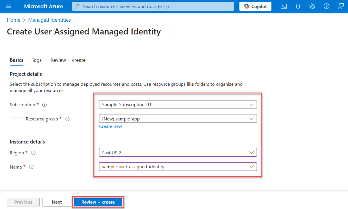 A screenshot showing the form to create a user-assigned managed identity.