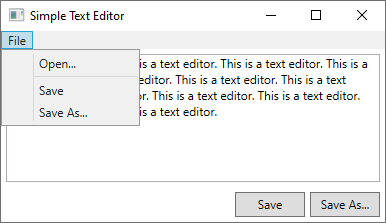 Uma janela do WPF que mostra itens de menu com reticências para indicar qual item mostra uma caixa de diálogo.