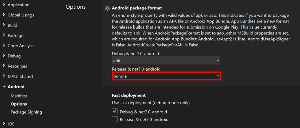 Captura de tela da alteração do formato do pacote de um aplicativo Android .NET MAUI para APK.