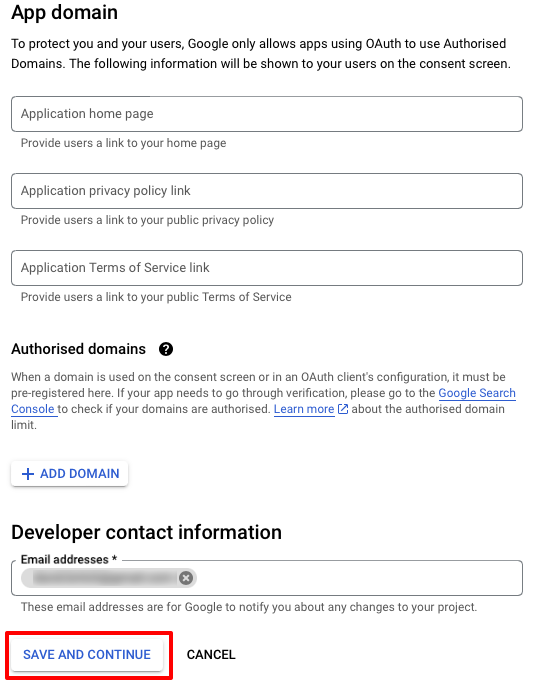 Captura de tela da edição das informações de contato do desenvolvedor da tela de consentimento do OAuth.