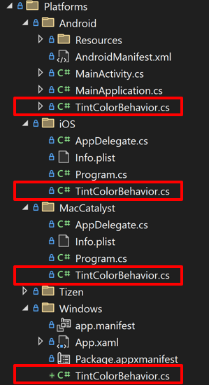 Captura de tela das classes parciais nativas para um comportamento de plataforma.