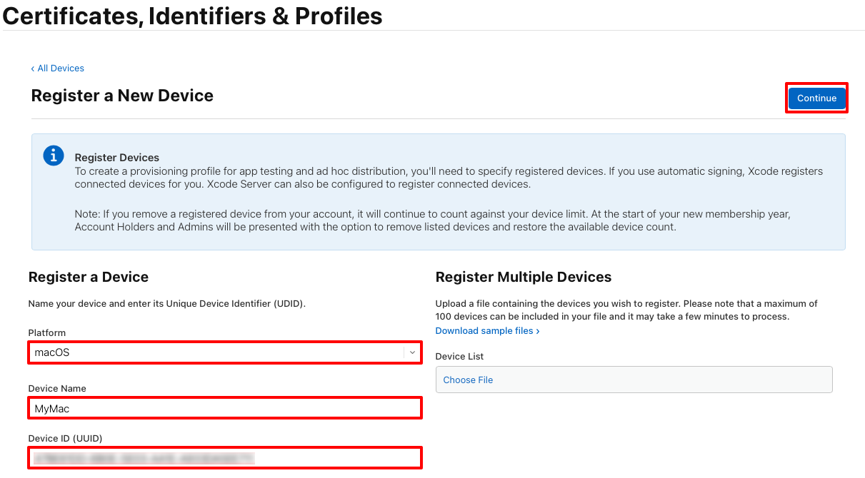 Registre um dispositivo nomeando-o e inserindo o identificador exclusivo do dispositivo.