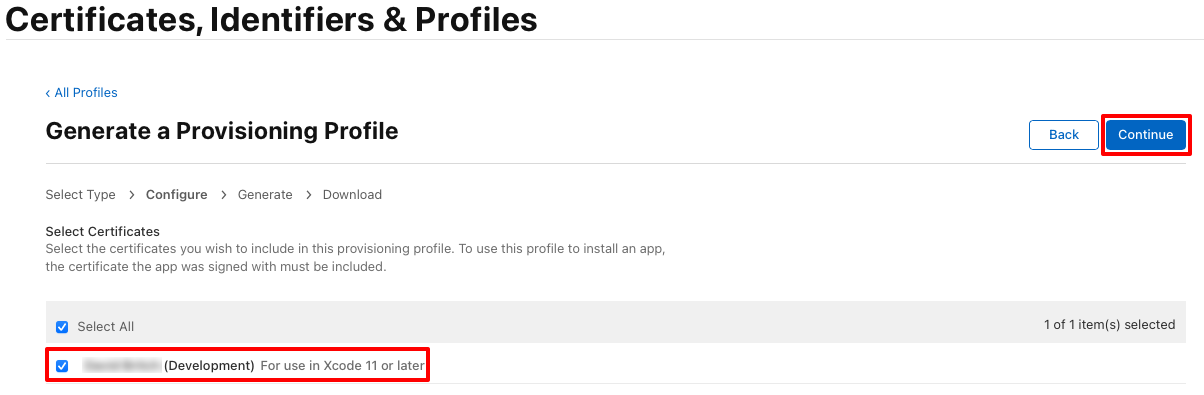Selecione o seu certificado de desenvolvimento.