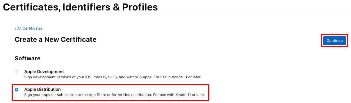 Crie um certificado de distribuição da Apple.