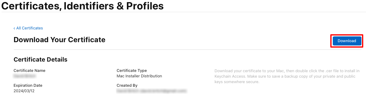 Baixe o certificado do instalador Mac.