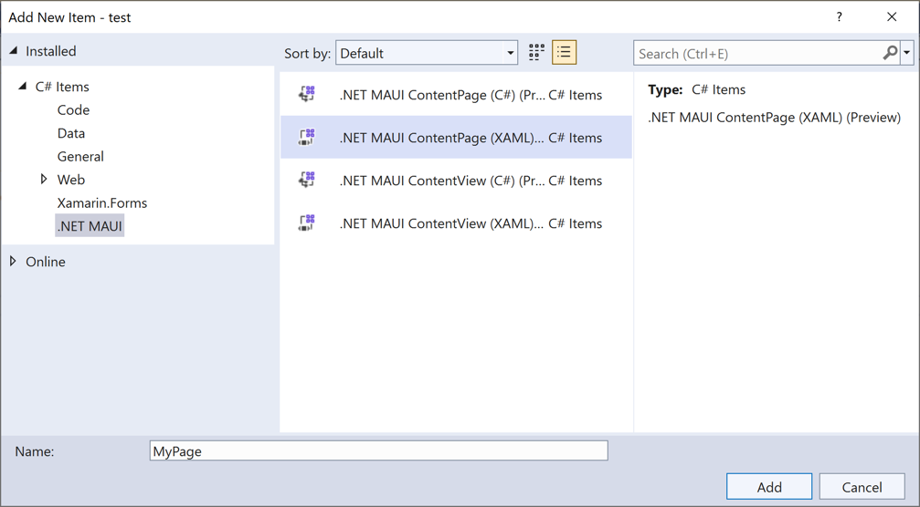 Modelo de item ContentPage do .NET MAUI.