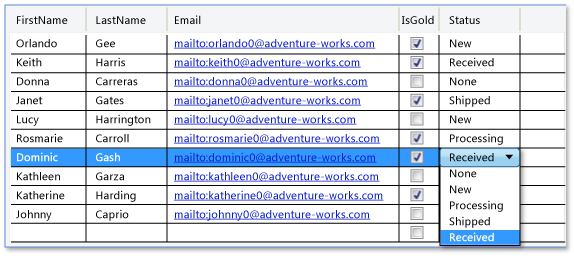 DataGrid com todos os quatro tipos de coluna padrão