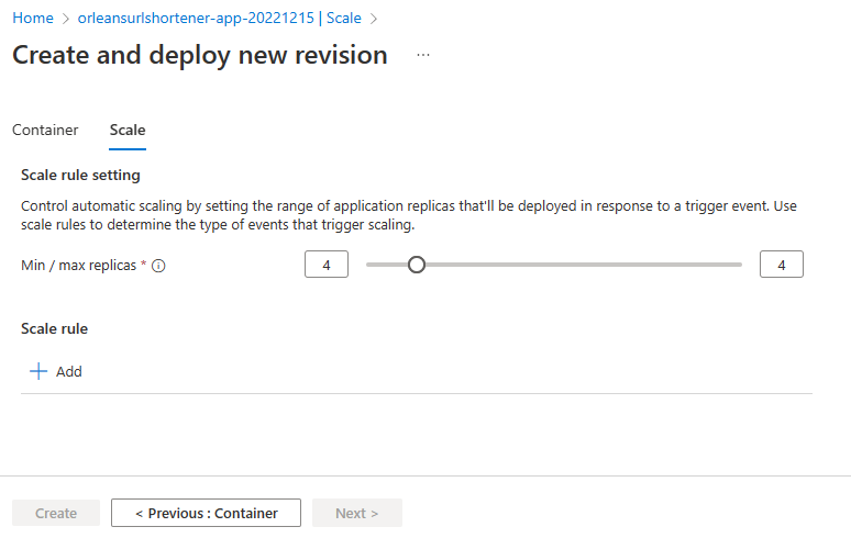 Uma captura de tela mostrando como dimensionar o aplicativo dos Aplicativos de Contêiner do Azure.