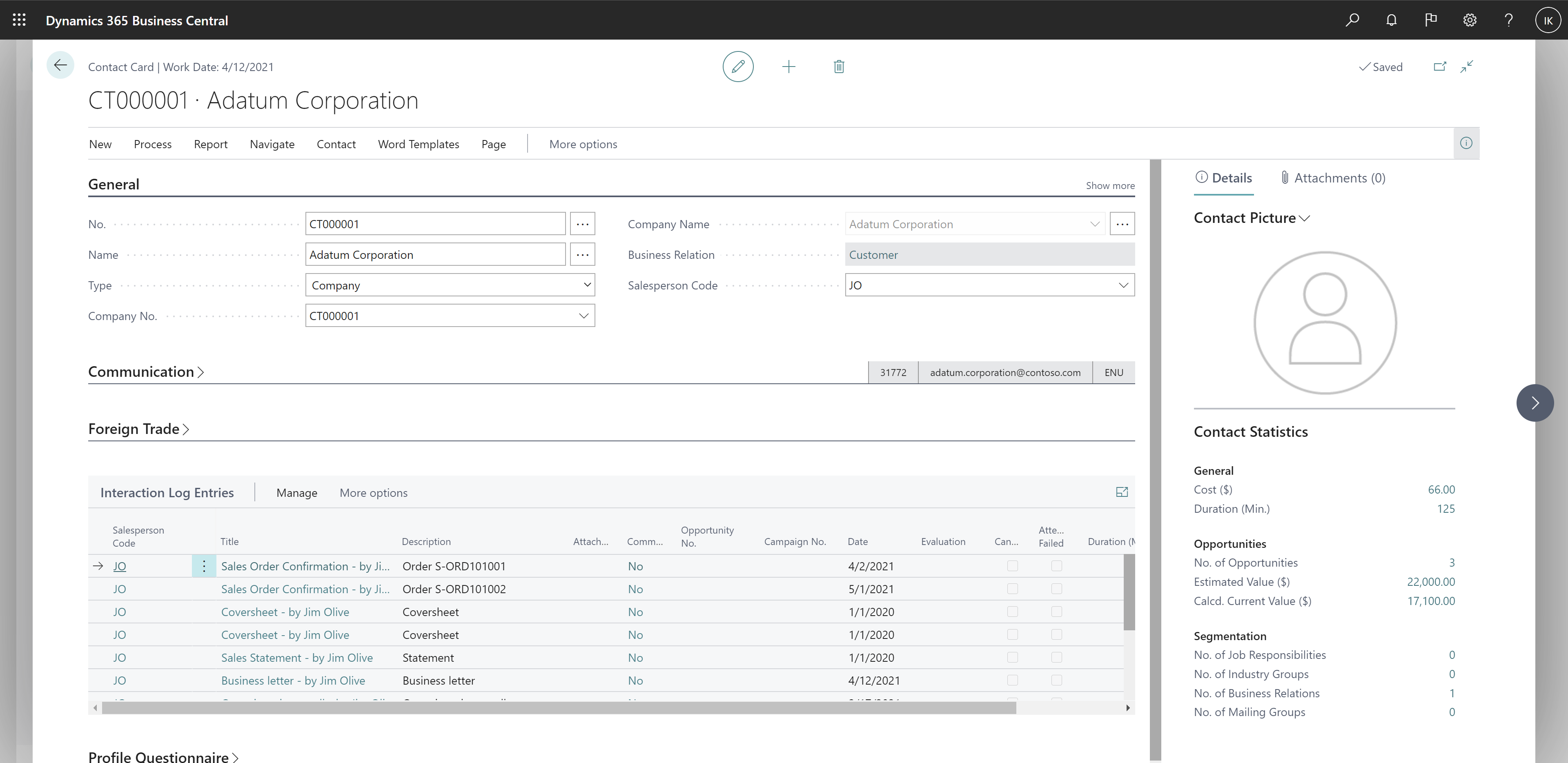 Contact card with contact's interaction logs in FastTab on the card