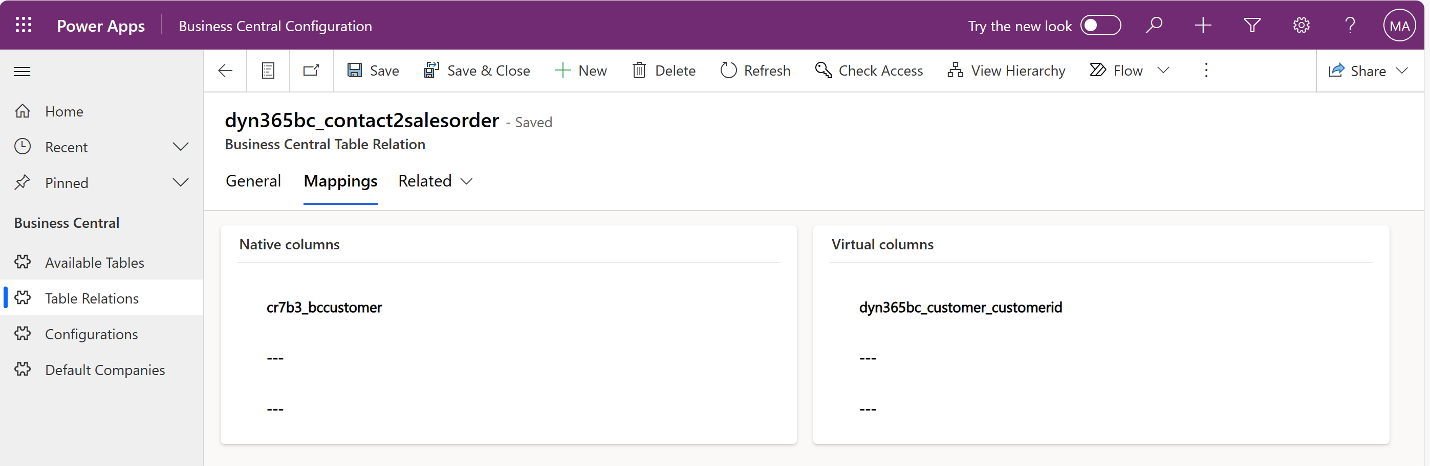 Screenshot of the Table Relations Mappings tab in Business Central Configuration app