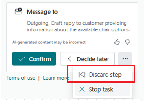 Shows the discard step acion on a sales order agent task.