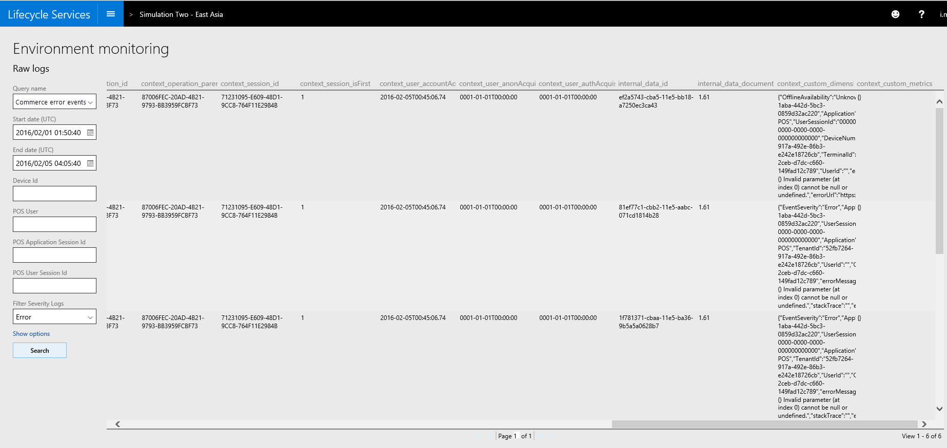 Search results on the Environment monitoring page.