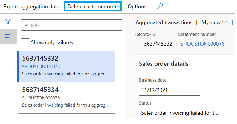 Botão Excluir ordem do cliente na exibição de transações agregadas.