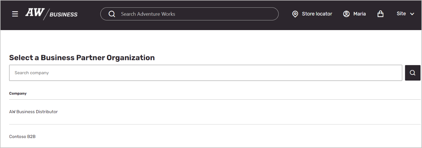 Exemplo da página Selecionar uma organização parceira de negócios.
