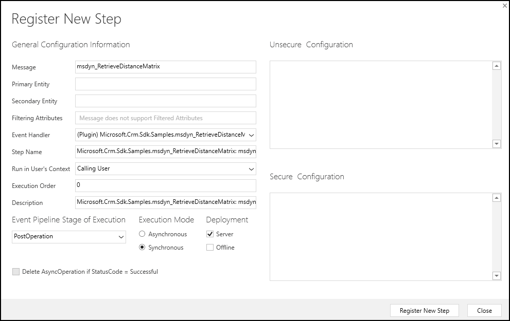 Screenshot of the Register New Step Dialog window with the General Configuration Information filled out. The Execution Order is set to 0.