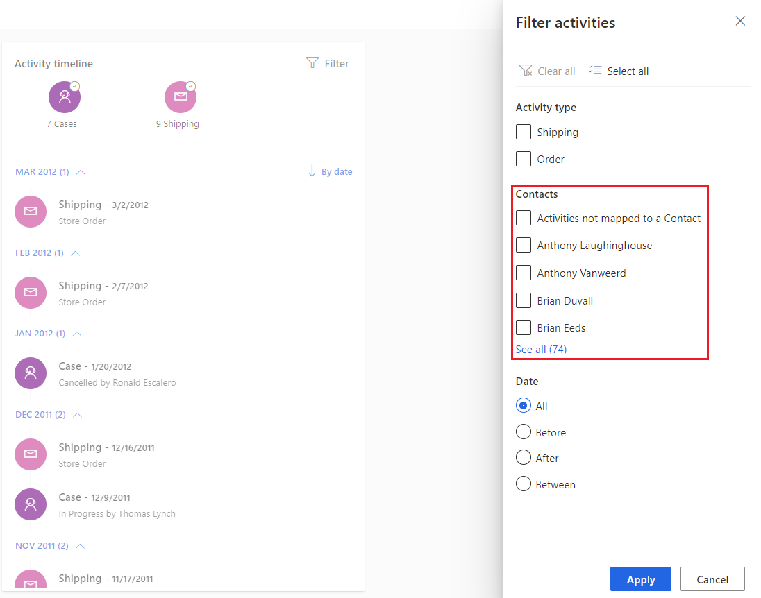 Opções de filtragem disponíveis para atividades no nível do contato.