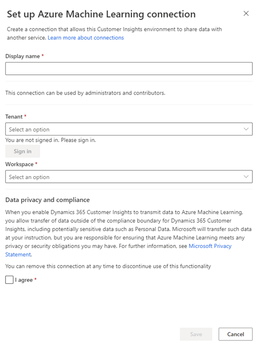 Captura de tela da página de conexão do Azure Machine Learning.